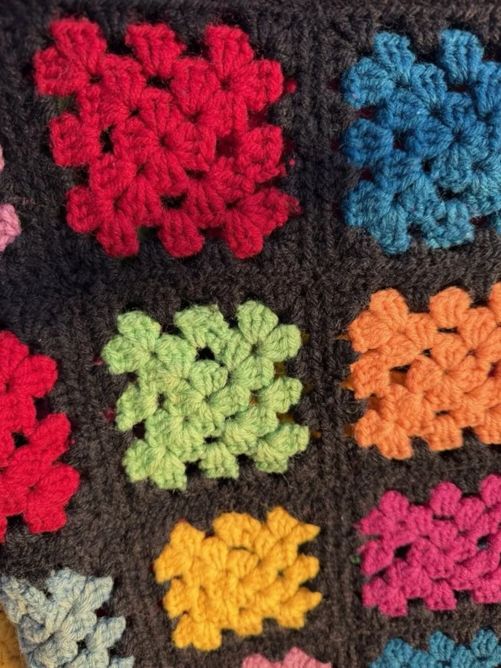 Vintage Granny Square grandmacore black multicolor blanket throw crochet cottage